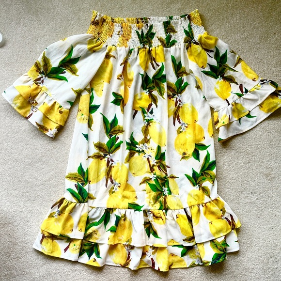 Off shoulder flowy short lemon print dress size Large - Picture 3 of 6